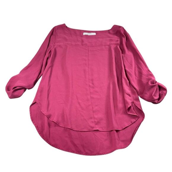 Ann Taylor LOFT Blouse Sz S Petite Rosy Pink Long Roll Tab Sleeves Career Office - Picture 7 of 7